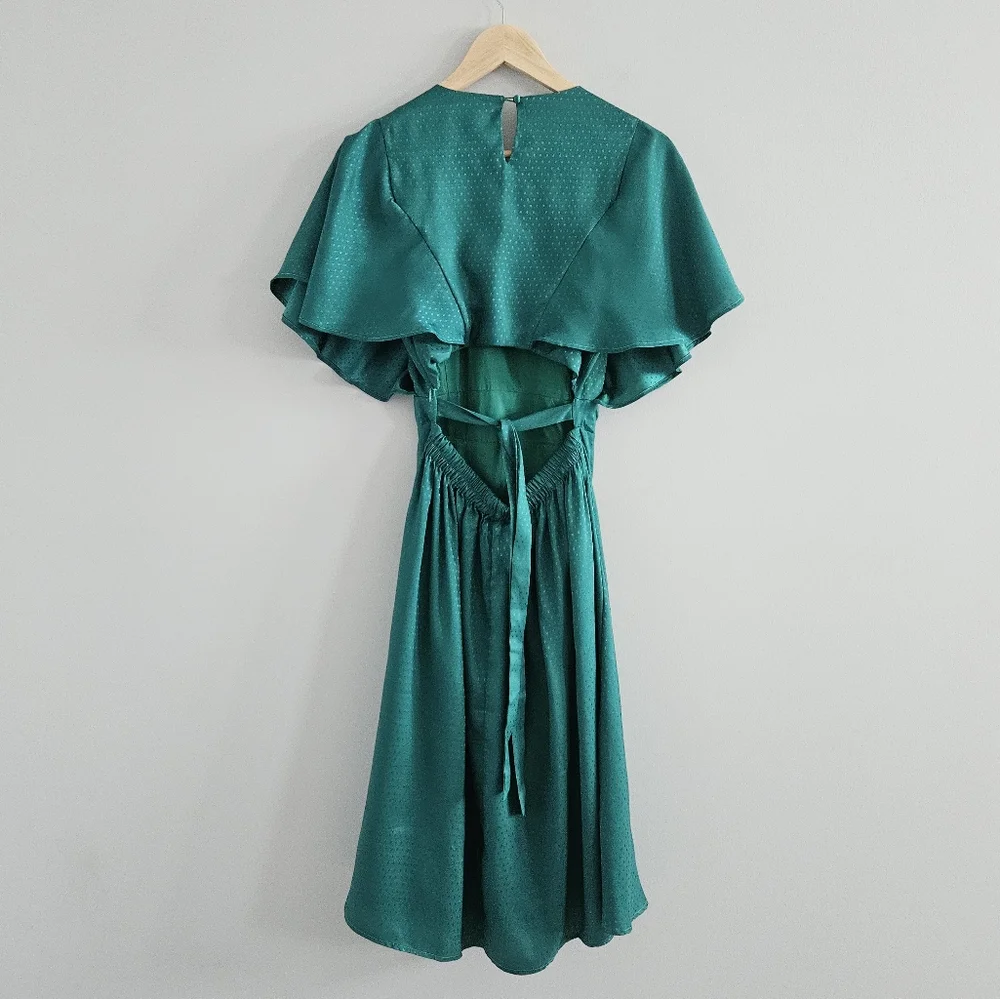 Lulu's Satin Midi Dress Emerald Green Small Polka Dot Satin Occasion Romantic - Picture 3 of 13